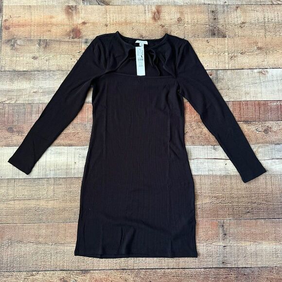 Topshop Dresses & Skirts - Topshop open neck ribbed knit long sleeve mini dress in black -10